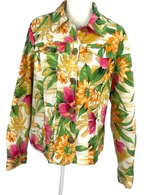 Floral Print Women's Denim Jacket in Pink, Yellow & Green